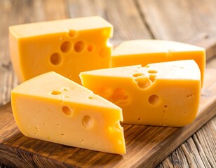 Delicious Swiss cheese slices on wooden board