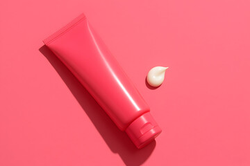 Pink cosmetic tube with cream on pink background