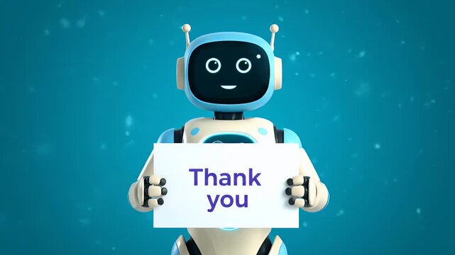 A cute blue robot holds a 'thank you' sign on a background.