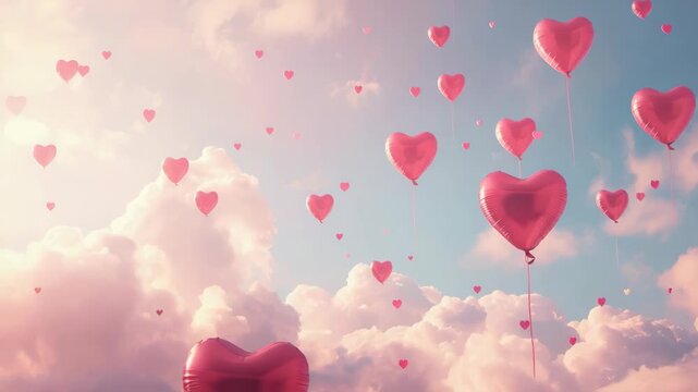 Pink heart balloon bouquet floating above pastel cloudscape dreamy sky sunrise, romantic balloon