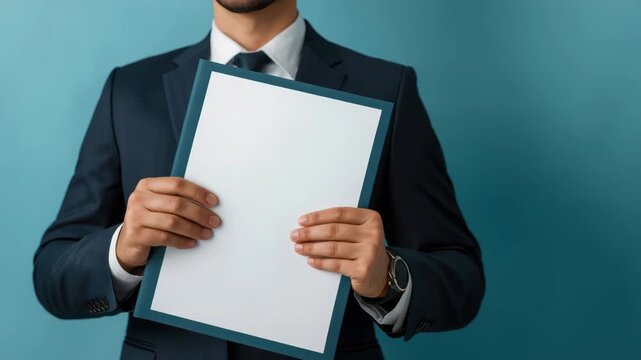 Man suit holding document and folder with hands showing professional posture and neutral expression