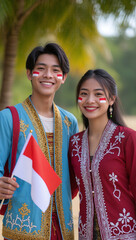 Joyful Indonesian youth with flag.