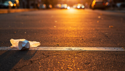夕暮れの道路に捨てられた紙コップとごみ