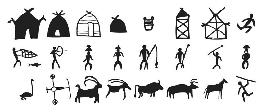 Cave painting prehistoric rock art hand drawn sketch style vector illustration set.