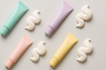 Colorful cosmetic tubes with cream swirls on a light gray surface