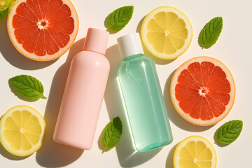 Bottles of citrusy skincare products with fruit slices and leaves on white background
