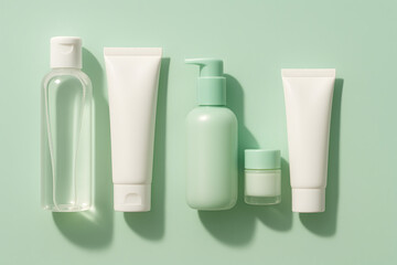 Skincare products in green and white hues on light green background