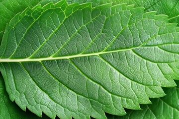 Obraz premium Close-Up of Lush Green Leaves with Detailed Texture, Veins, and Serrated Edges in Natural Light