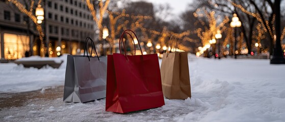 Festive evening shopping with red bags and bokeh lights on a snow-covered street during the winter holiday season