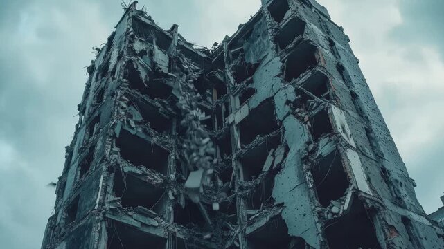 Closeup view of deteriorating urban skyscraper in cloudy weather highlights urban decay and neglect, A close-up camera shot of city skyscrapers that were destroyed by bomb blasts, airstrikes, and war