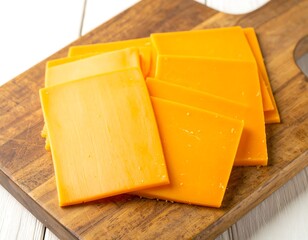 Slices of cheddar cheese on wooden cutting board