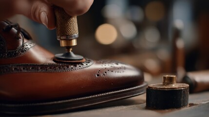 Medium shot of a cobbler carefully replacing a worn rubber heel tip on a sleek leather shoe focusing on precision and comfort enhancement techniques.