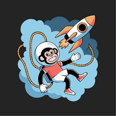 Playful monkey astronaut floating with rocket.