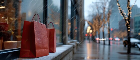 Obraz premium Shopping bags on snowy street with bokeh lights and shop windows during Christmas evening in the city