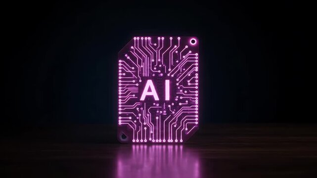 A glowing neon AI circuit board processor represents technology.