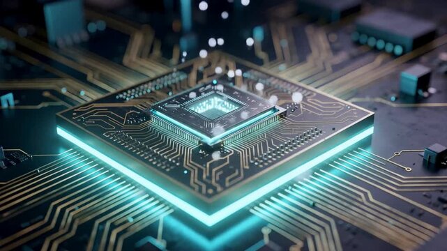 High performance computing processor animation video on illuminated circuit board, advanced semiconductor core technology, ai data processing and modern digital electronics background