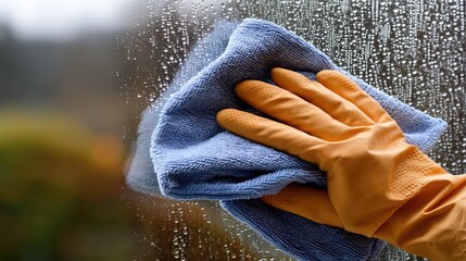 Hand in orange glove cleaning window with blue cloth during spring cleaning in blurred background with space for text