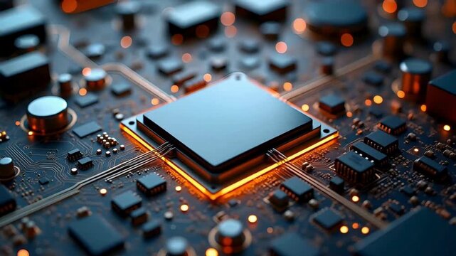 Futuristic ai microchip animation video on glowing circuit board, advanced semiconductor technology, high performance computing, digital innovation background