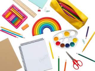 Colorful school supplies and stationery items isolated on transparent background for educational purposes