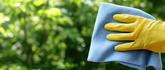Cleaning a window with a blue microfiber cloth while wearing a yellow glove during spring house cleaning activities in a residential area