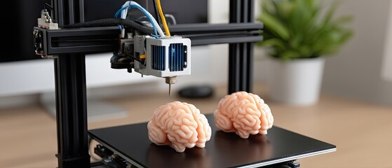 High-tech machine prints red brain shapes on plastic material in laboratory with neon lighting at evening hours