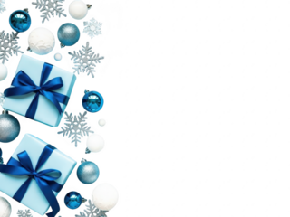 Blue and white holiday gifts and ornaments on transparent background