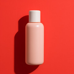 A pink bottle with a white cap on a red background with a shadow