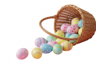 Easter eggs spilling out of a wicker basket on a transparent background