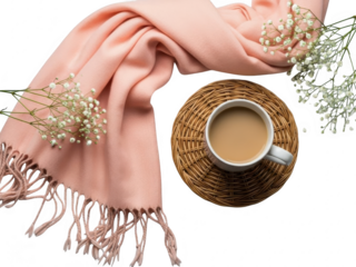 Coffee and pink scarf with flowers on transparent background