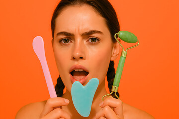 Woman holding skincare tools in front of orange background with surprised expression