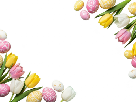 Easter eggs and tulips on a transparent background, spring flowers and holiday decorations - Powered by Adobe