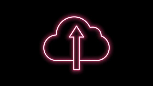 Pink neon cloud icon with an upload arrow on a black sign.