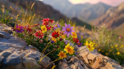 Vibrant Wildflowers Blooming on Rocky Mountain Terrain at Sunset with Scenic Alpine Backdrop