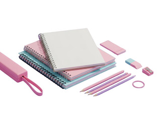 Colorful stationery and office supplies including notebooks and pens on a plain transparent background