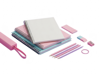 Colorful stationery and office supplies including notebooks and pens on a plain transparent background