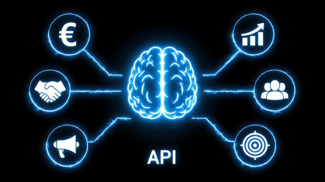 Technology concept of a glowing brain API with icons.