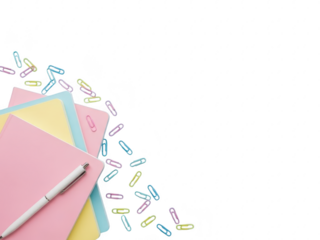 Colorful stationery and paper clips on transparent background for office supplies