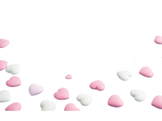 Pink and white hearts floating on transparent background for valentines day or love themed greeting card or social media post