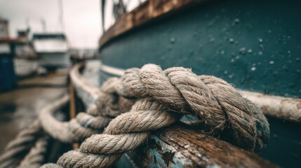 Close-up of a thick weathered nautical rope tied to a wooden rail on a vintage boat in a harbor