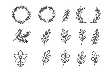Fototapeta premium Botanical Outline Elements on Dark Background