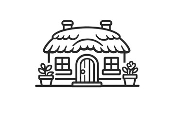 Naklejka premium Charming thatched cottage icon with potted plants