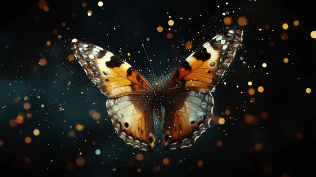 Butterfly surrounded by shimmering particles on a dark background creating a magical effect, Butterfly with particles on black background Particles with butterfly footage