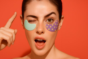 Woman applying colorful eye patches on face with surprised expression