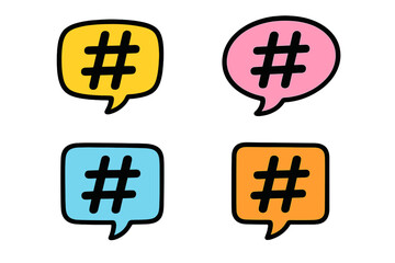 Fototapeta premium Four colorful speech bubbles with hashtag symbols