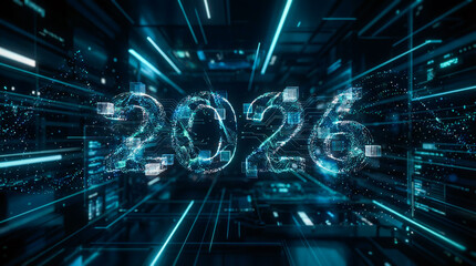 Futuristic 2026 New Year Technology Background With Digital Particles