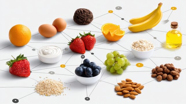 Medium shot of diverse commodities like fruits cereals and oils monitored via blockchainenabled decentralized trading platform supporting direct producerconsumer interaction.
