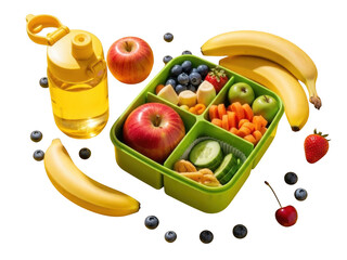 Green lunch box with fresh fruits and healthy snacks on transparent background for meal prep and nutrition