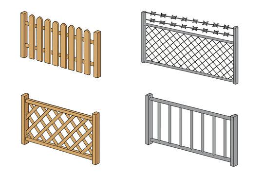 Four types of fences in isometric view