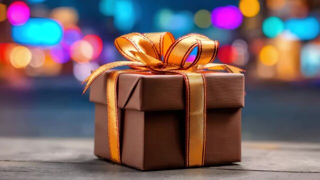 Beautifully wrapped gift box with golden ribbon on wooden surface