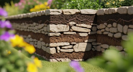 Crosssection perspective showing soil retention benefits provided by the interlocking drystack stones in a garden wall.